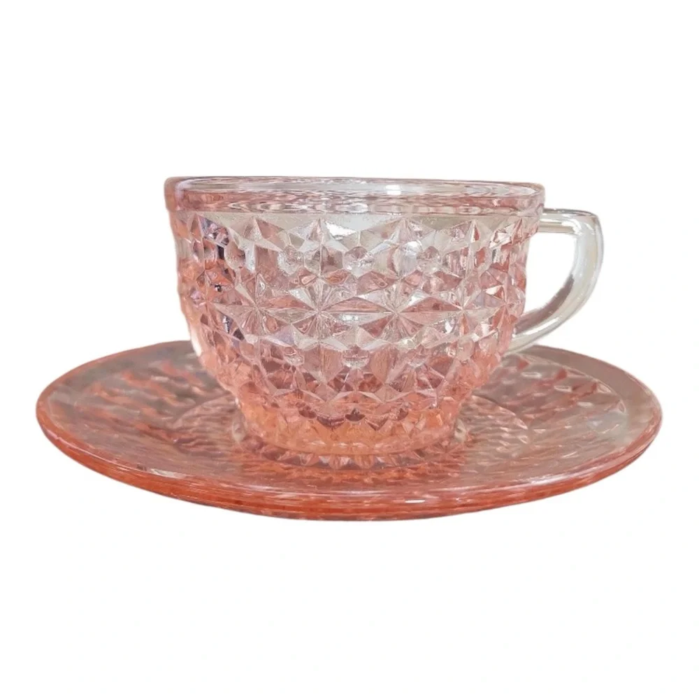 Jeannette‎ Pink Depression Glass Holiday Buttons & Bows Cup & Saucer Set